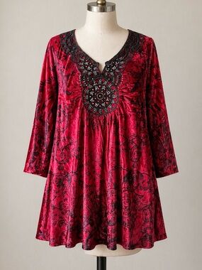 ONE WORLD Y2K Velour Tunic Red Velvet Top Beaded Whimsigoth Cowgirl Festival 1X